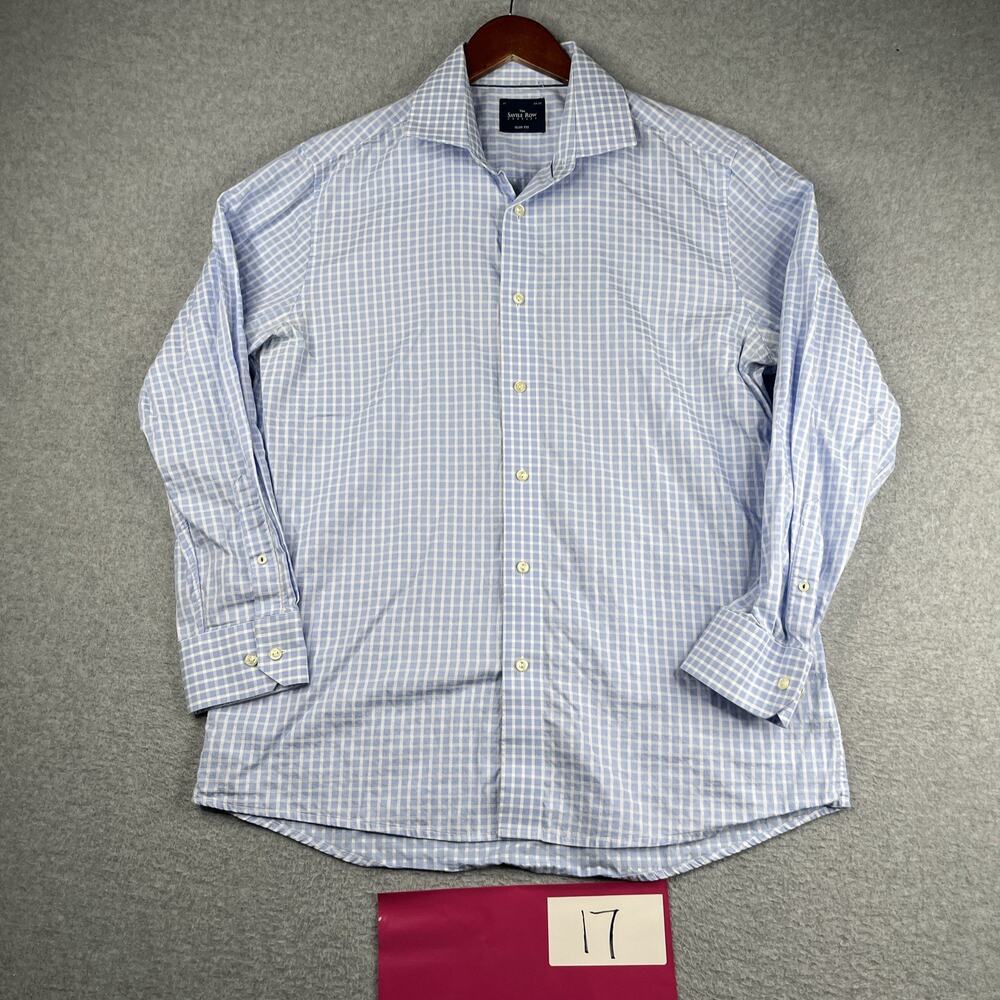 Savile Row Slim Fit Shirt 17 Light Blue Check Button Up Long Sleeve Mens